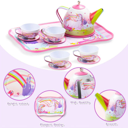 Unicorn Tea Party Set for Girls – Pretend Play Pink Tin Teapot with Cups, Plates & Carrying Case, Magical Rainbow Design, Birthday Christmas Gift for Kids Ages 3+