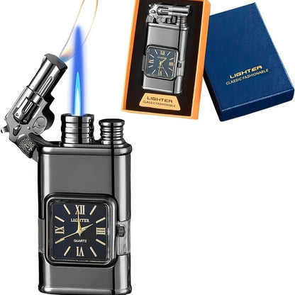 Double Flame Windproof Lighter Creative Retro Metal Lighter Dragon Eagle Gun Shape Quartz Dial Portable Outdoor Lighter Men Gift Box Butane Gas Not Included