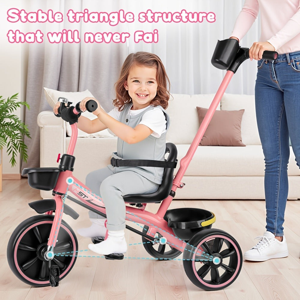 Push Handle Tricycle for Toddlers Girls Pink – 3 Wheel Trike Ages 18-60 Months with Padded Backrest, Safety Belt, Adjustable Seat | Best Birthday Gift for Kids 1 2 3 4 5 Year Old