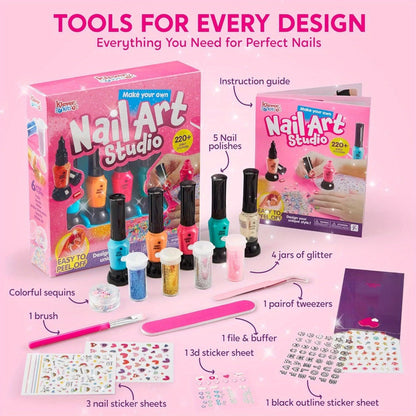 Kids Nail Art Kit for Girls – Non-Toxic Nail Polish Set with Glitter Stickers & Sequins 220+ Designs – Complete Children Nail Studio Creative Gift for Ages 7+ Birthday Christmas Sleepover Spa Party