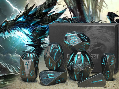 Metal DnD Dice Set 7pcs Glow in the Dark – Stonehenge Zinc Alloy Polyhedral Dice with Display Box, D4 D6 D8 D10 D12 D20 for D&D RPG Tabletop Games, Unique Gamer Gift Blue