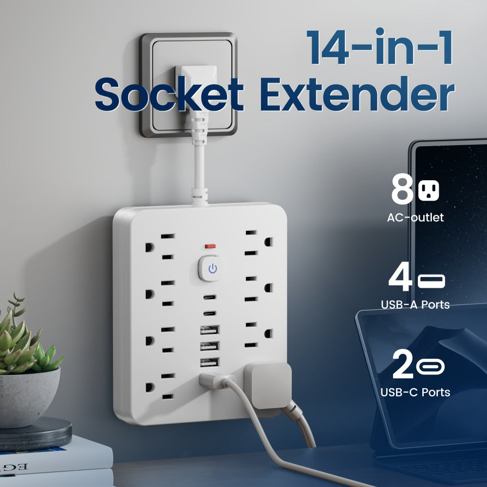Outlet Extender Power Strip Wall Mountable 14-in-1 10-in-1 with 8 AC Outlets 6 USB Ports 2 USB-C One-Touch Control Switch Overload Protection Short Cord Design for Home Office School Den White Black