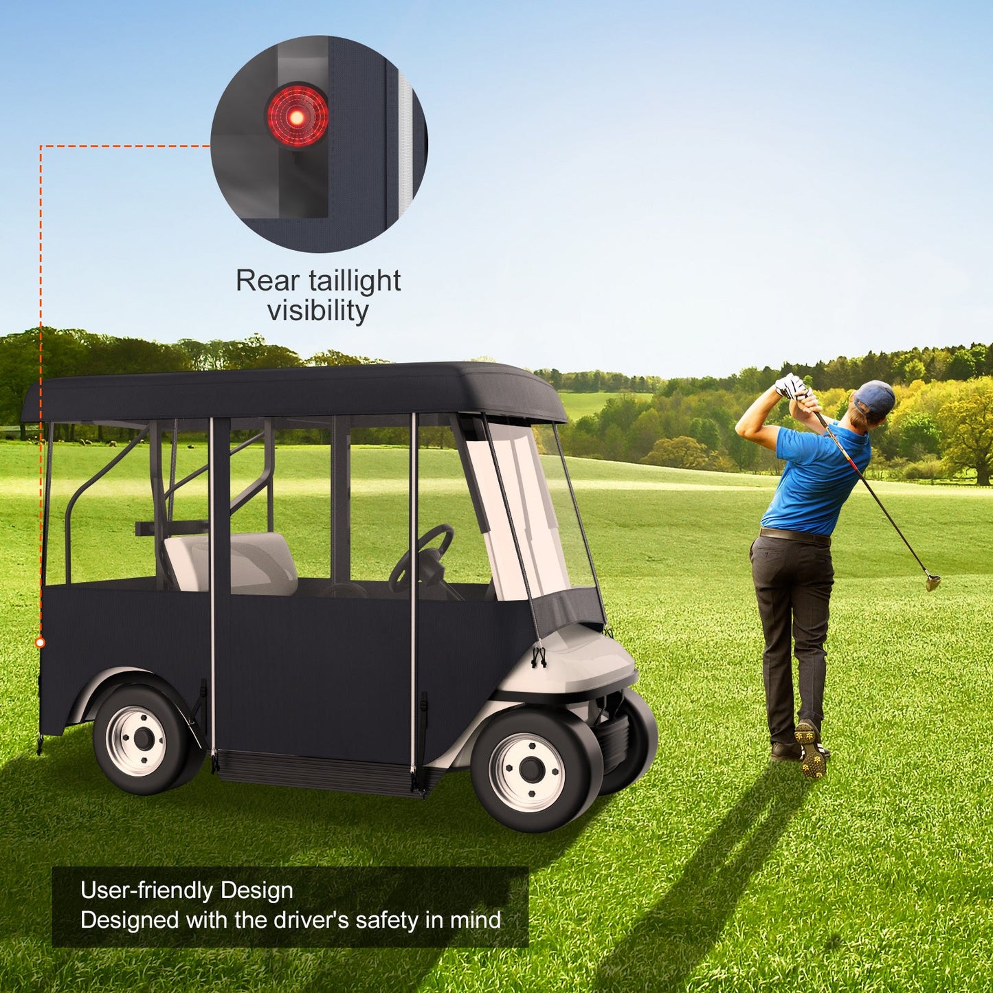 Golf Cart Enclosure 4-Person 300D Waterproof Driving Cover 4-Sided with Transparent PVC Windows Zippered Doors UV-Resistant All-Weather Golf Cart Rain Cover Fits 86 Inch Carts