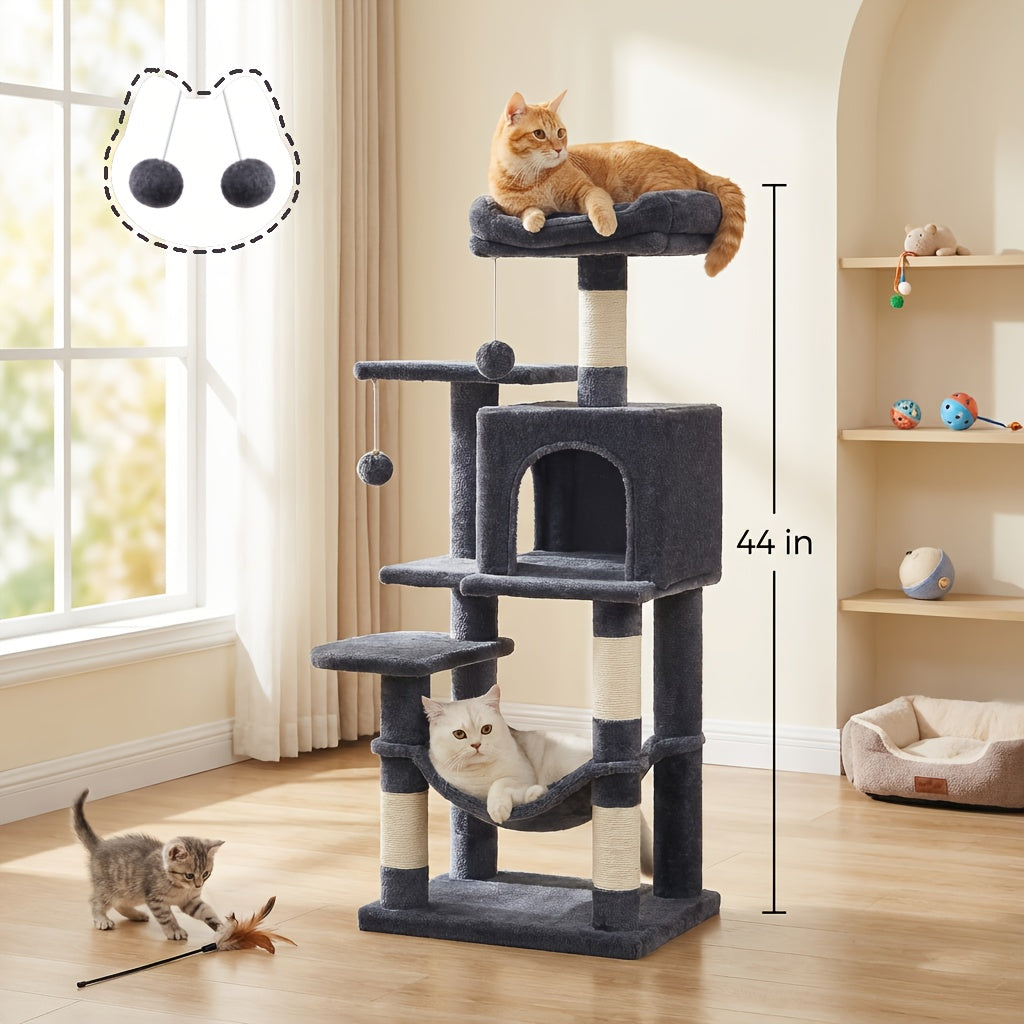 Cat Tree Tower Multi-Level Condo – 44in & 66in with Cozy Cave, Plush Hammock, 4 Sisal Scratching Posts & 2 Perches | Anti-Tilt Stable Cat Playhouse for Multi-Cat Families, Easy Assembly