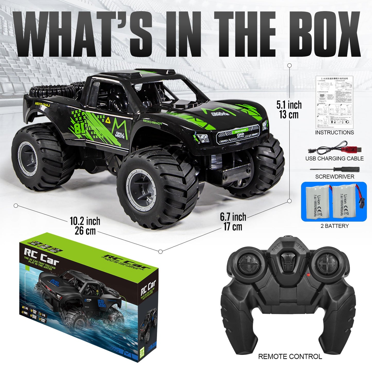 Amphibious RC Car 1:16 Scale 4WD Waterproof Land & Water Remote Control Monster Truck – 2 Rechargeable Batteries, All-Terrain RC Truck for Boys Kids Ages 4+, Birthday Christmas Gift