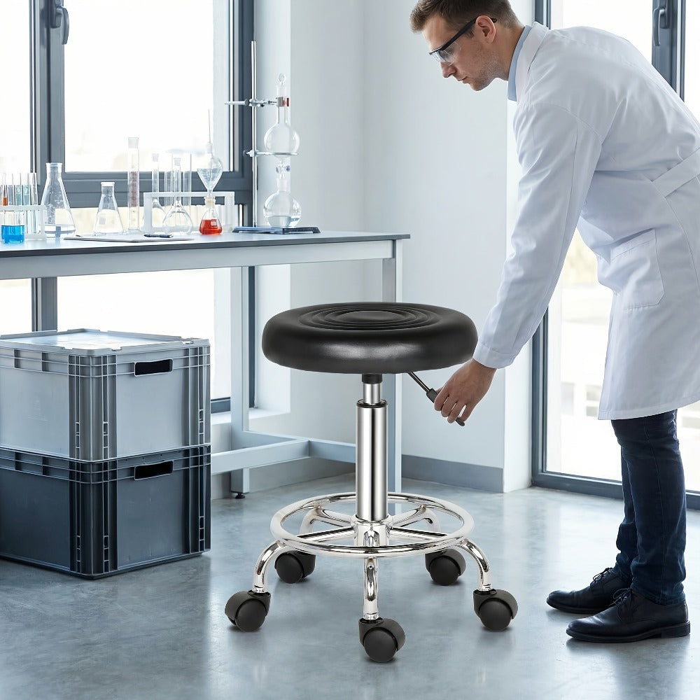 Round Padded Swivel Bar Stool 360° with Chrome Base - Adjustable Height Salon Kitchen Counter Stool for Nail Salon Beauty Studio Home Bar Reception, Black & White, 13"x24"