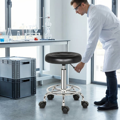 Round Padded Swivel Bar Stool 360° with Chrome Base - Adjustable Height Salon Kitchen Counter Stool for Nail Salon Beauty Studio Home Bar Reception, Black & White, 13"x24"