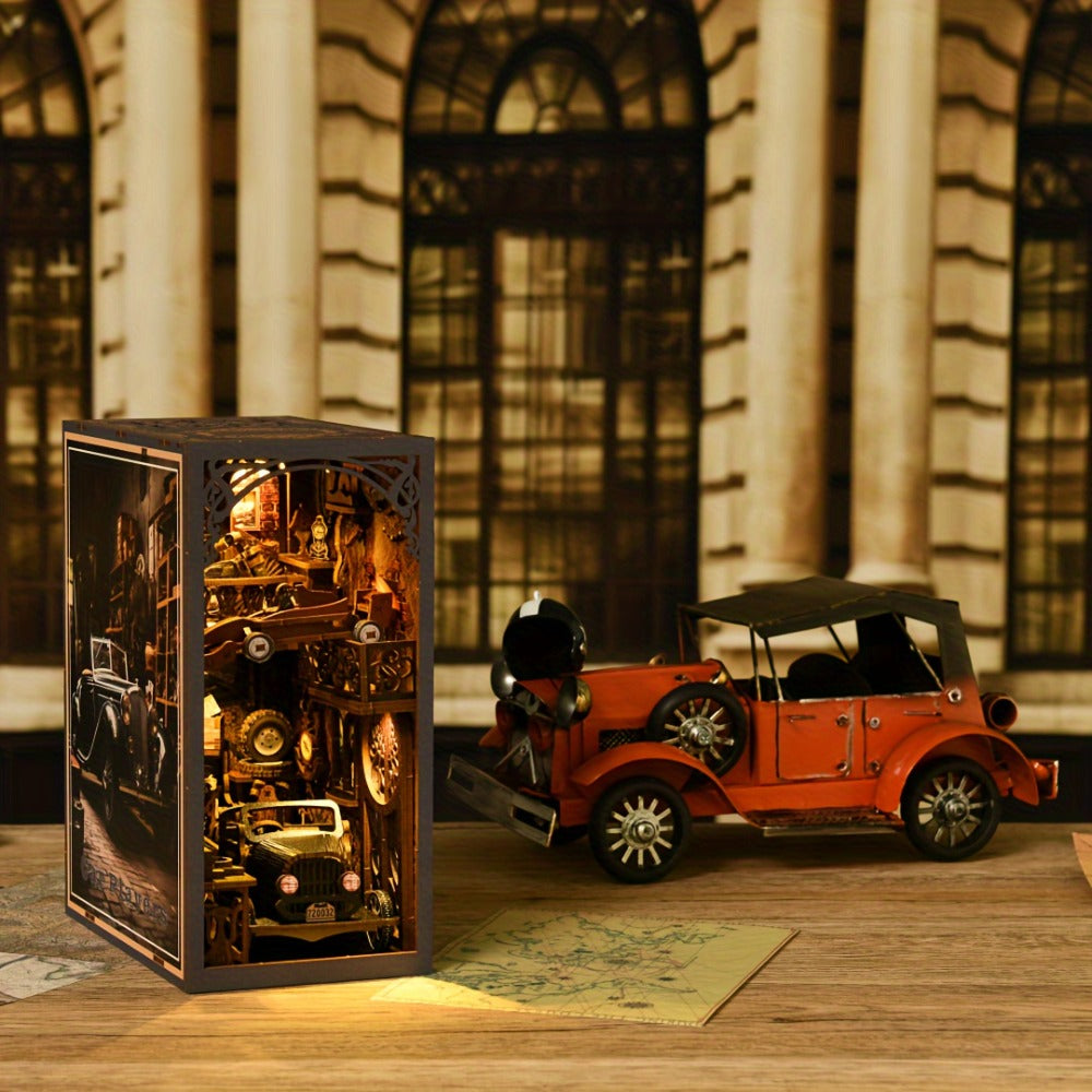 Book Nook Kit DIY – Car Players 3D Wooden Bookshelf Insert with LED Light, Vintage Alley Miniature Scene, Creative Craft Model Building Set, Unique Birthday Gift for Book Lovers Adults Teens