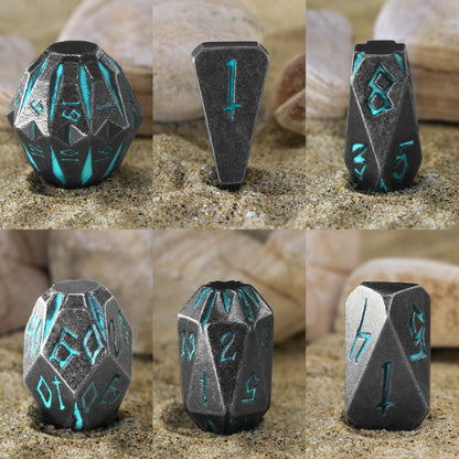 Metal DnD Dice Set 7pcs Glow in the Dark – Stonehenge Zinc Alloy Polyhedral Dice with Display Box, D4 D6 D8 D10 D12 D20 for D&D RPG Tabletop Games, Unique Gamer Gift Blue