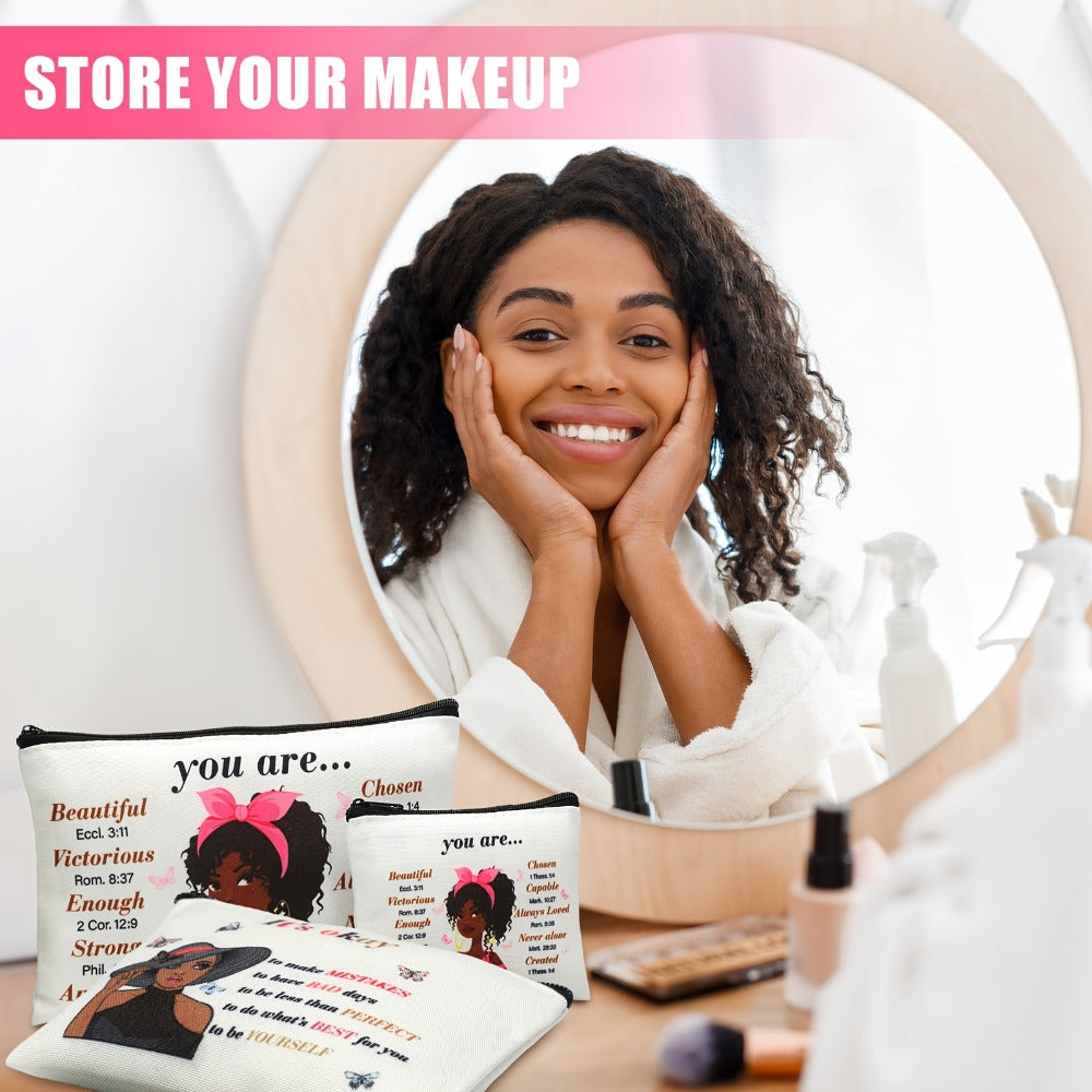 African Queen Makeup Bag Set 12 Pcs Inspirational Zipper Cosmetic Bags with Wallet Travel Toiletry Organizer Gift Set for Black Women Girls Birthday Juneteenth Kwanzaa
