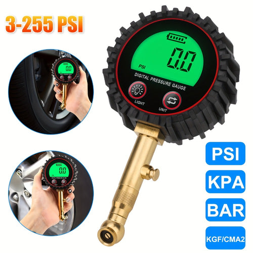Digital Tire Pressure Gauge LCD 3-255 PSI – 4-Unit Display (PSI/Bar/KPa/kg㎡), Green Backlight, 360° Chuck, Auto Shut-Off for Cars, Trucks, SUVs, Motorcycles & RVs, Black