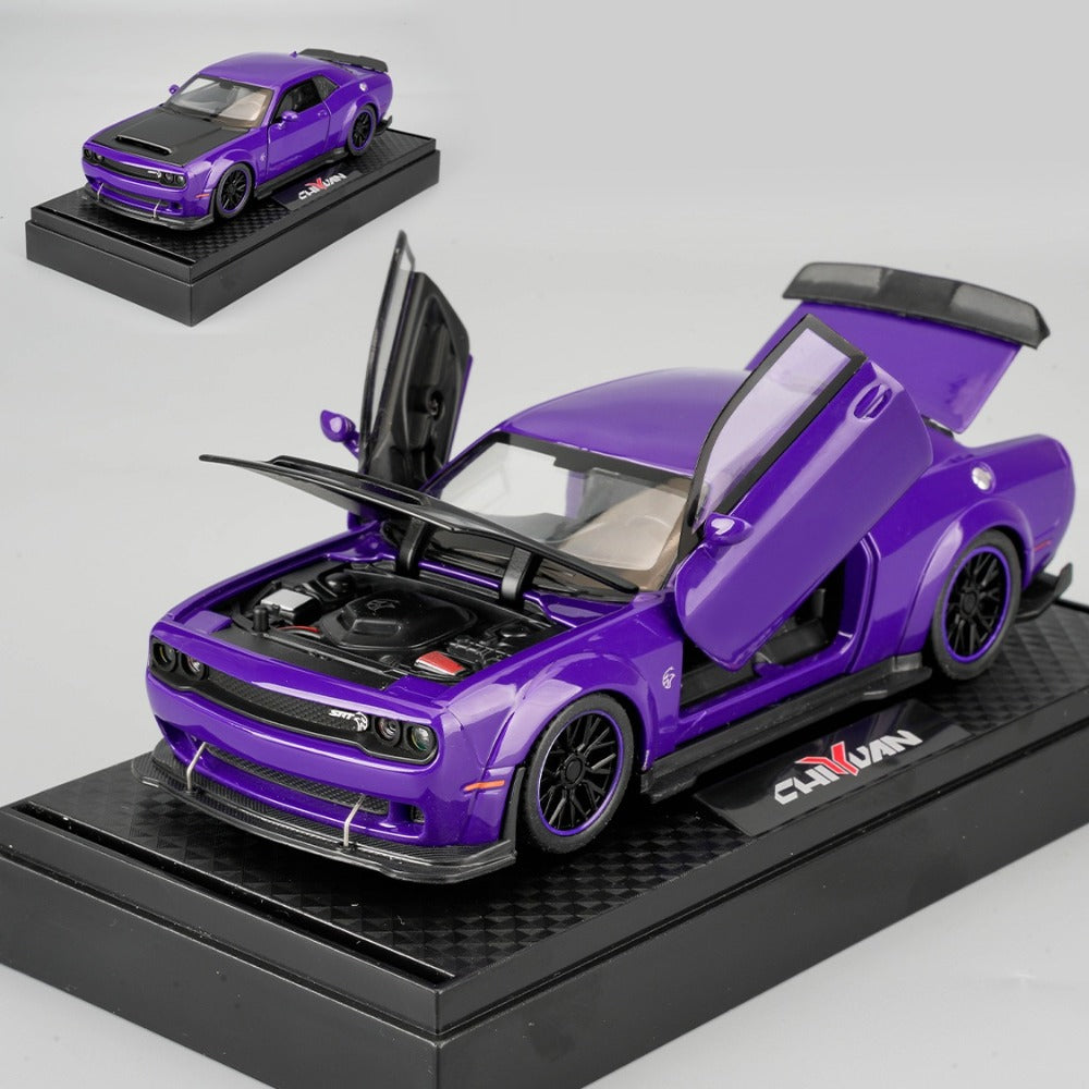 Purple Dodge Sports Car Zinc Alloy Diecast Model with Display Base & Openable Doors – High Simulation Static Display Collectible, Home Office Desktop Decoration, Gift for Car Enthusiasts