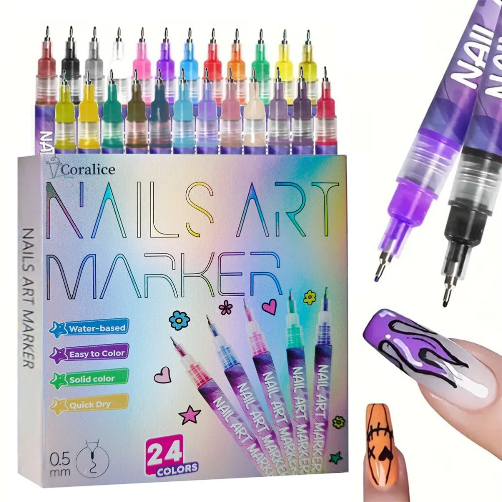 Nail Art Pens 24 Colors Set - 3D Doodle Nail Drawing Pen Kit with Fine Tip, Quick-Dry Detail Nail Paint Brushes for Home & Salon Nail Design, Beginner & Professional Nail Art Tools Gift