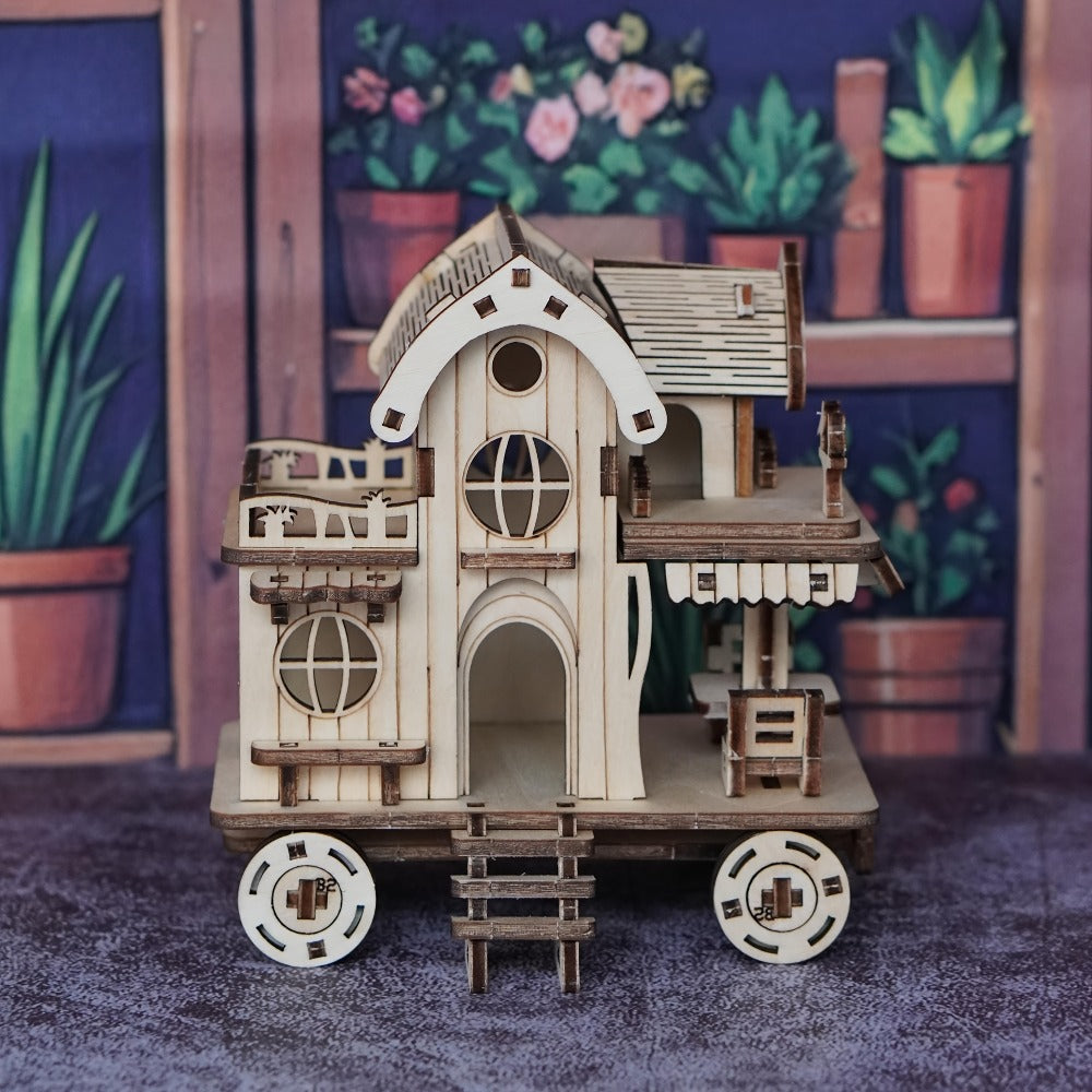 3D Wooden Puzzle Mobile Home on Wheels – DIY Café Bar Model Kit, Handcrafted Miniature House Assembly, Unique Desk Decoration Gift for Adults Teens Birthday Christmas Housewarming