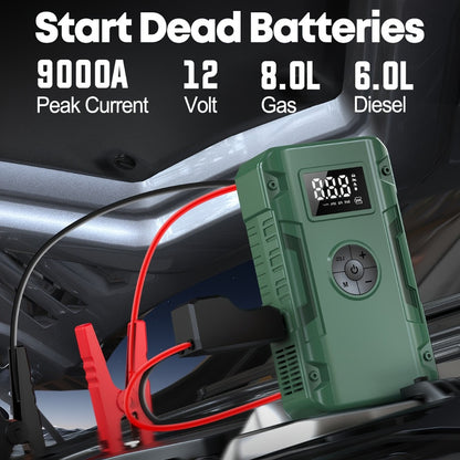 Jump Starter 10000A 7-in-1 with Air Pump – 150PSI Tire Inflator, Portable Battery Booster for Gas & Diesel, USB & USB-C Power Bank, LED Emergency Light