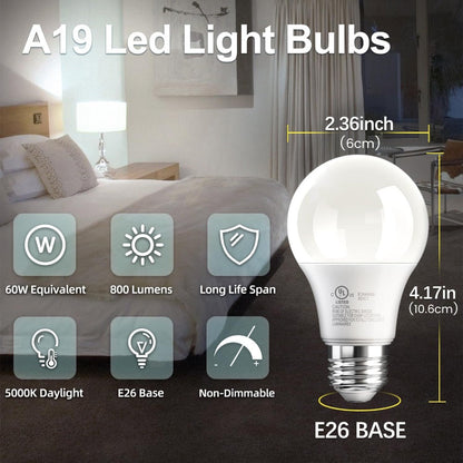 A19 LED Light Bulbs 60 Watt Equivalent, 5000K Daylight White E26 Base, 800 Lumens 9W Energy Efficient Bulb, 80+ CRI 15000 Hours Long Life, Standard LED Bulbs for Bedroom Living Room Office