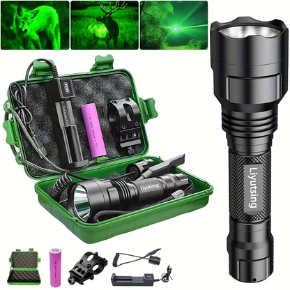 Night Hunting Flashlight with Remote Control Switch – 350 Yards High Power Green Red White Light, 18650 Rechargeable, Multiple Mounts for Hunting, Fishing, Camping & Beekeeping, Best Gift for Men
