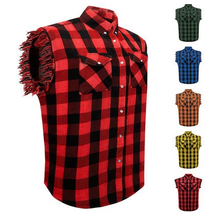 Men's Casual Sleeveless Plaid Cotton Shirt - All-Season Comfort, Classic Checkered Pattern, Single-Breasted Button-Up with Fringe Hem, Regular Fit for Streetwear, Beach & Vacation, Beach Attire, Streetstyle Apparel