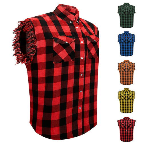 Men's Casual Sleeveless Plaid Cotton Shirt - All-Season Comfort, Classic Checkered Pattern, Single-Breasted Button-Up with Fringe Hem, Regular Fit for Streetwear, Beach & Vacation, Beach Attire, Streetstyle Apparel