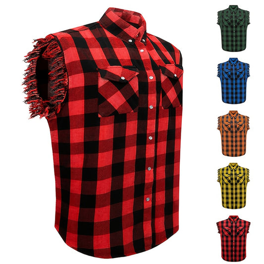 Men's Casual Sleeveless Plaid Cotton Shirt - All-Season Comfort, Classic Checkered Pattern, Single-Breasted Button-Up with Fringe Hem, Regular Fit for Streetwear, Beach & Vacation, Beach Attire, Streetstyle Apparel
