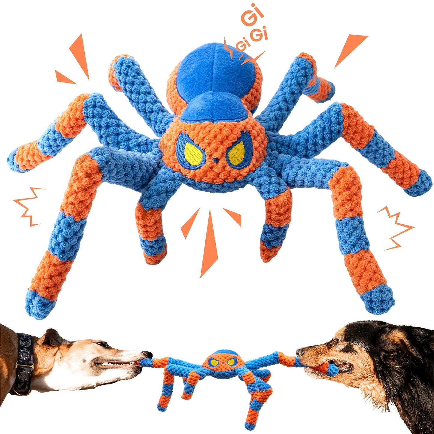 Squeaky Spider Dog Toy - Interactive Crinkle Tug of War Plush Dog Toy with Squeaker Head & Flexible Legs, Durable Large Dog Toys to Keep Dogs Busy, No Battery Needed, Red & Blue Spider Styles