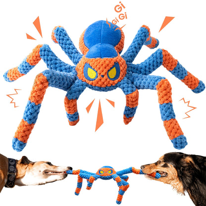 Squeaky Spider Dog Toy - Interactive Crinkle Tug of War Plush Dog Toy with Squeaker Head & Flexible Legs, Durable Large Dog Toys to Keep Dogs Busy, No Battery Needed, Red & Blue Spider Styles