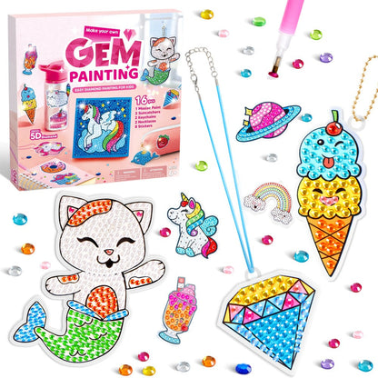 Diamond Gem Painting Kit for Girls Ages 6+ 16 Projects – 5D Gem Art Set with 2800+ Gems Unicorn Suncatchers Keychains Necklaces Stickers, All-in-One Arts Crafts Birthday Christmas Gift