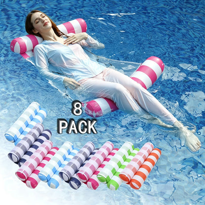 Inflatable Pool Float Lounger Set for Adults – 4-in-1 Striped Hammock Raft Bed & Saddle, 5-Pack or 8-Pack Colorful Floating Lounge for Pool Lake Beach Party