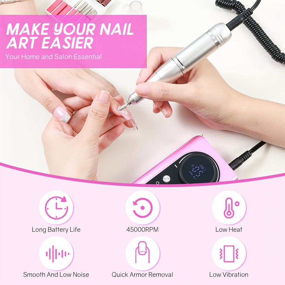 Nail Drill Machine 45000 RPM Brushless Motor 10-Hour Battery Electric Nail File with LCD Smart Screen 6 Drill Bits 6 Sanding Bands – Forward Reverse Low Noise Nail Grinder for Gel Acrylic Nails Home Salon