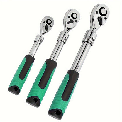 Ratchet Wrench Set 3-Piece - 1/4 3/8 1/2 Inch Drive Extendable Socket Wrench, 72-Tooth Quick-Release Reversible Gear, Soft Grip Handle, Torque Spanner for Automotive Repair, Mechanics & DIY