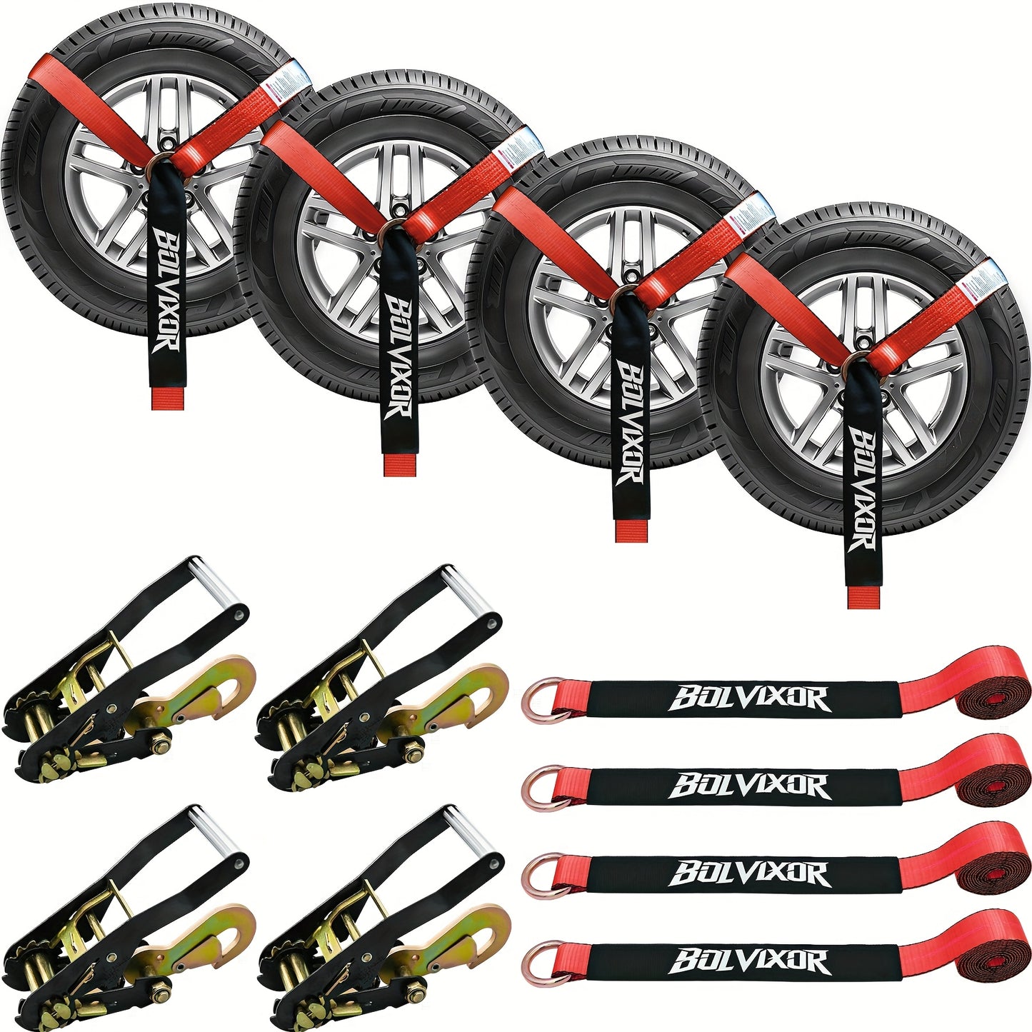 4pcs Heavy-Duty Trailer Tie Down Straps with Ratchet System & Snap Hooks - 9900LB Break Strength, 2"x96" Adjustable Wheel Straps with -Slip Design & Yellow Buckles - Fit for UTV, SUV, Truck, Cars, Trailers - All-Terrain Vehicle Transport (Steel/Poly