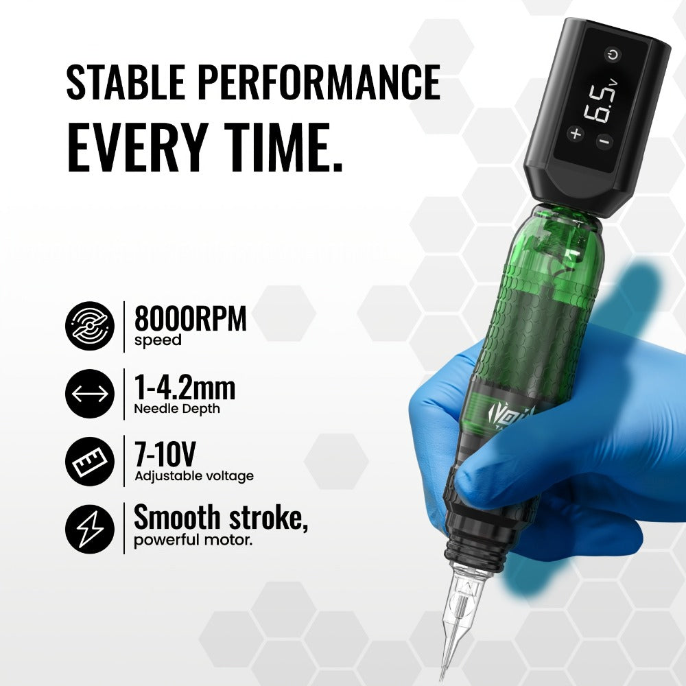 Tattoo Pen Kit VOID Wireless 1200mAh Anti-Slip Grip 4-12V Adjustable 10 Cartridge Needles 5 Ink Shades 3-4 Hour Battery Rotary Tattoo Gun for Beginners Purple Green