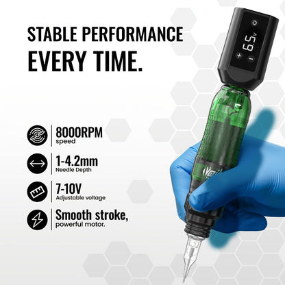 Tattoo Pen Kit VOID Wireless 1200mAh Anti-Slip Grip 4-12V Adjustable 10 Cartridge Needles 5 Ink Shades 3-4 Hour Battery Rotary Tattoo Gun for Beginners Purple Green