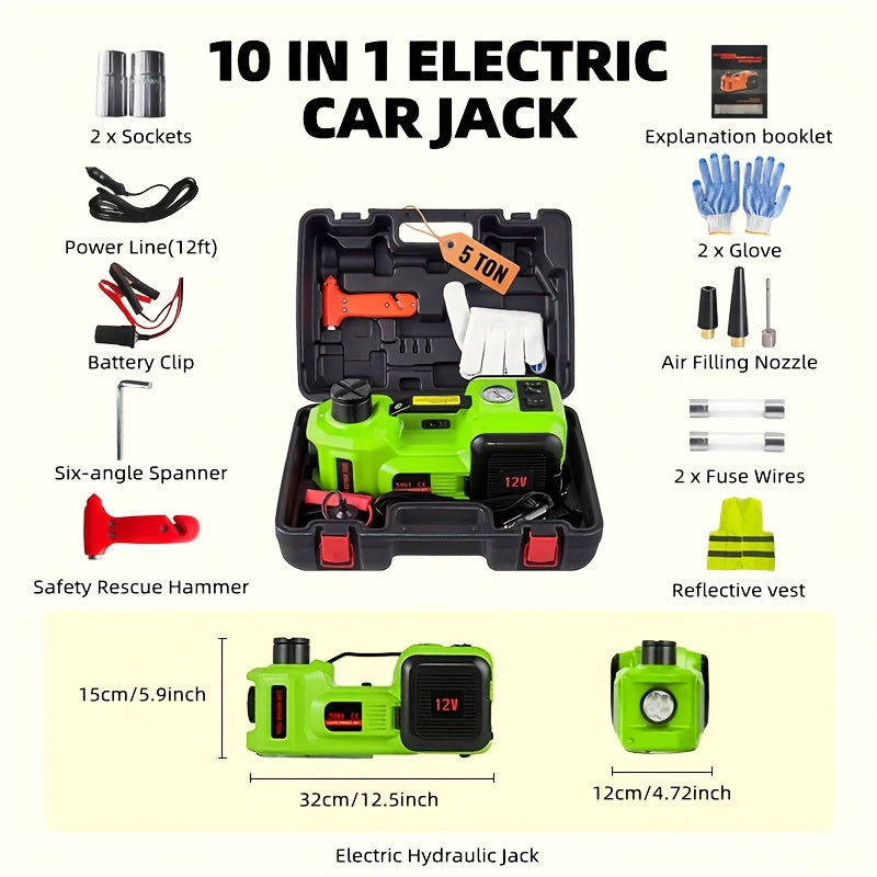 KD FANS Hydraulic Car Jack 12V Electric Jack Kit - 5 Ton/11, 000 LBS Portable Electric Vehicle Jack Kit, Off-Road Emergency Roadside Kit with Raised Wrench And Air Compressor for Tire Change And Garage Repair, Without Battery