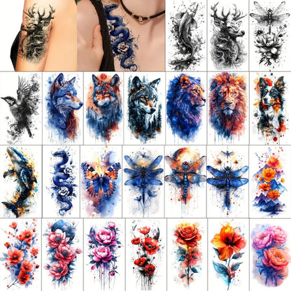 Watercolor Temporary Tattoos 24 Sheets for Women & Kids – Large Realistic Fake Tattoo Stickers Flower & Animal Designs Long Lasting Body Art Half Arm Tattoos
