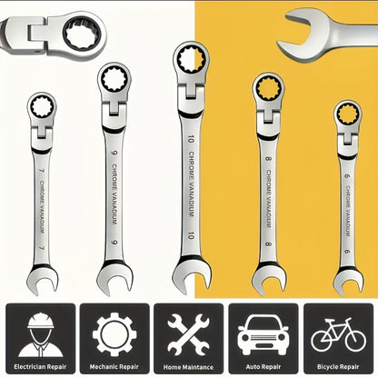 CR-V Flex Head Ratchet Wrench Set 5-Piece – 2-in-1 Reversible Open End & Hex Socket Dual-Purpose Kit | Automotive Engine Bay, Plumbing, DIY Workshop & Confined Space Repair