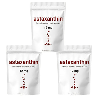 Astaxanthin 12mg Softgels 3-Pack 120ct 4-Month Supply — Triple Strength Natural Microalgae Antioxidant for Skin Glow Eye Health Immune Joint Support Anti-Aging Men Women