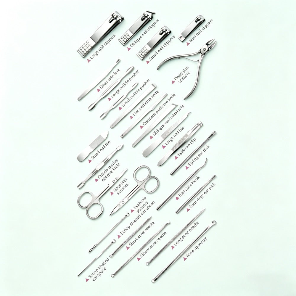 Manicure Pedicure Set 26pcs Pink Stainless Steel – Precision Nail Clippers Cuticle Nipper & Dead Skin Scissors 45° Blade Professional Grooming Kit for Women & Men, Elegant Gift Set Birthday Holiday