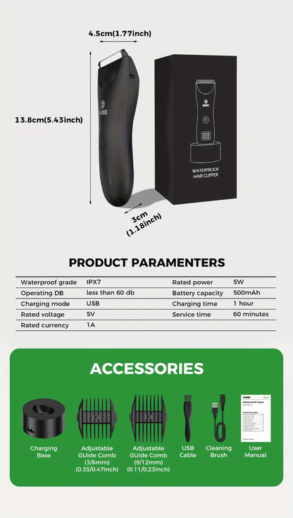 Manscaping Trimmer for Men IPX7 Waterproof Electric Groin & Ball Trimmer Ceramic Blades LCD Battery Display Replaceable Head - Body Hair Shaver Groomer Black Grey