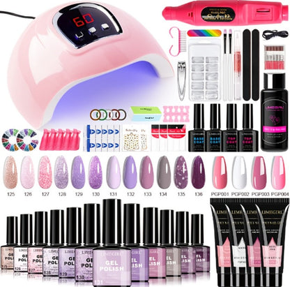 Gel Nail Polish Kit with UV Lamp & Electric Nail Drill - 12 Colors Gel Polish Set, Poly Extension Gel, Top & Base Coat, Glitter Nail Art Complete Starter Set for Home Salon, Beginner Gift