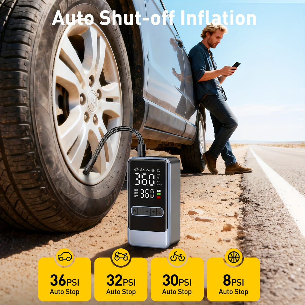 Portable Air Compressor | 150PSI Cordless Tire Inflator with Digital Pressure Gauge and LED Light, USB Charging, Quick Charge, Lithium Polymer Battery, for Car, Moto, Bicycle, Roadside Assistance and Emergency Support in All Terrains