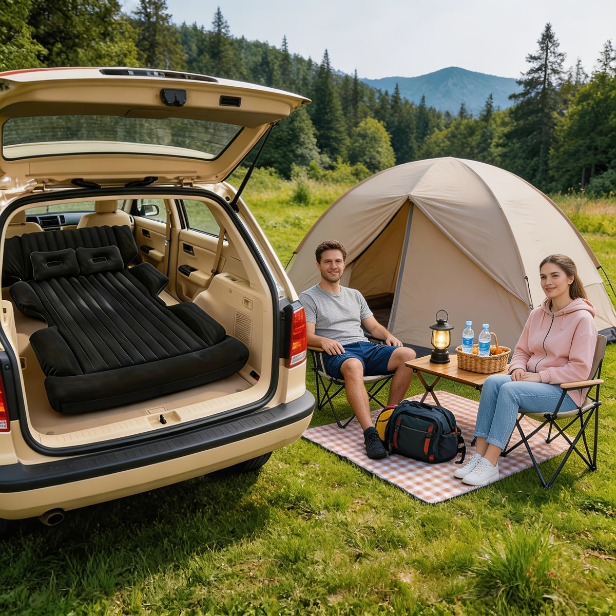 Comfortable Thickened Gray/Black Car Inflatable Mattress, Car Accessories, Inflatable Car bed for Truck and SUV Trunk, Foldable and Portable Skin-Friendly Back Seat Mattress, camping gear and equipment
