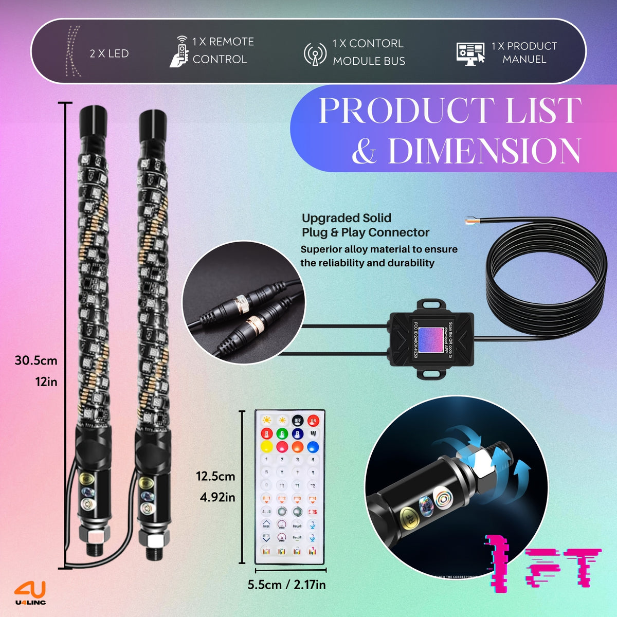 1 Pair (2pcs) 1ft/2ft/3ft/4ft Brighter RGB LED Whip Lights Flag Pole Remote And APP Control Color Changing Lamp Spiral RGB Music Chasing/Dancing Neon Light Whips for UTV ATV RZR SXS Side By Side Dune Buggy Offroad Truck (w/o Spring Base)