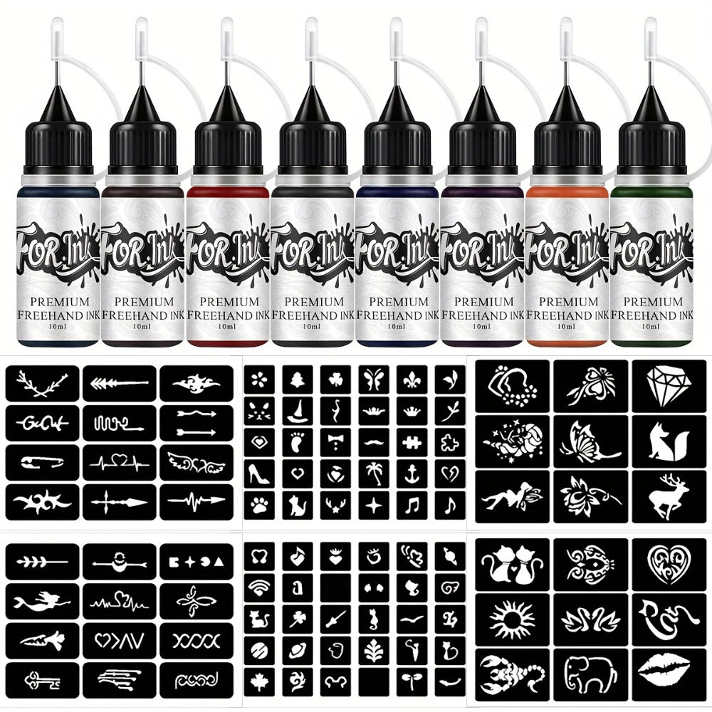 Semi-Permanent Tattoo Ink Set 8 Bottles — Waterproof Long-Lasting Paste Formula, Mixed Colors, Hollow Stencils Included, Body Art for Parties, Festivals, Halloween & Cosplay