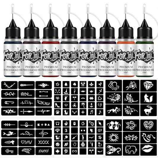 Semi-Permanent Tattoo Ink Set 8 Bottles — Waterproof Long-Lasting Paste Formula, Mixed Colors, Hollow Stencils Included, Body Art for Parties, Festivals, Halloween & Cosplay