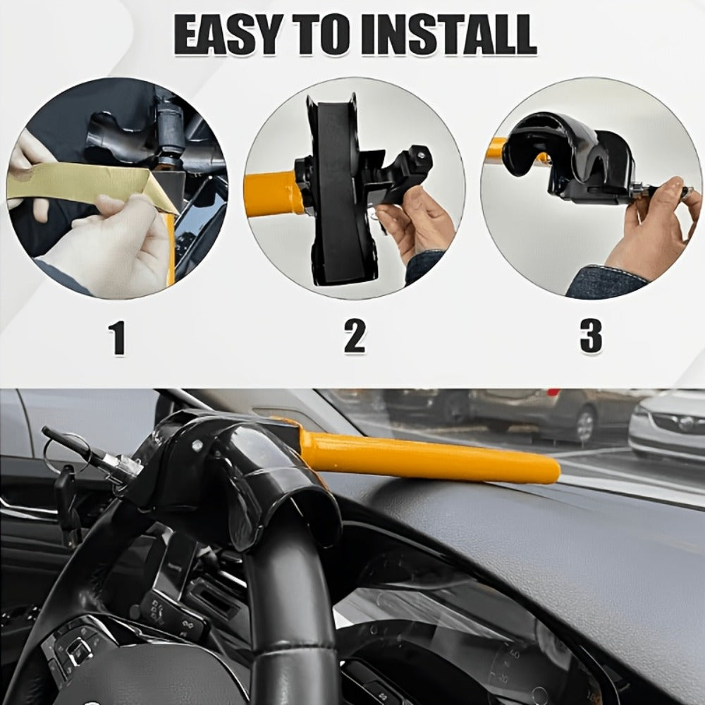 Universal Car Steering Wheel Lock Anti-Theft T-Bar – Heavy-Duty Thick Steel, Cut-Resistant, Computer-Coded Crescent Cylinder, Stops Keyless Entry Robbery, Fits All Vehicles, Includes 2 Keys
