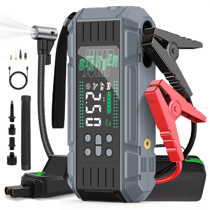 9000A Jump Starter Featuring an Air Compressor, Designed for All Gasoline And 2.11gal Diesel Engines. This Multifunctional Battery Pack Includes a Digital Tire Inflator, Blower Pump, PD65W Fast Charging Technology for Both Input And Output
