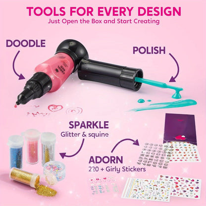 Kids Nail Art Kit for Girls – Non-Toxic Nail Polish Set with Glitter Stickers & Sequins 220+ Designs – Complete Children Nail Studio Creative Gift for Ages 7+ Birthday Christmas Sleepover Spa Party