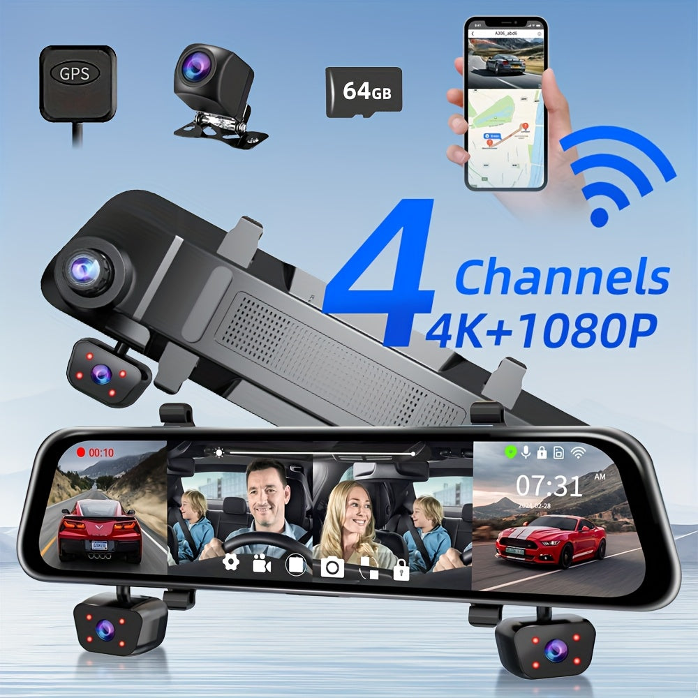 11.66" Rearview Mirror Dash Camera for Vehicles Featuring a Touch Screen, Wifi, GPS, And Multi-Functionality. It Includes a 360° Camera, 4K+1080P Recording for Front, Back, Left, And Right Views, a Night Vision G-Sensor, Loop Recording