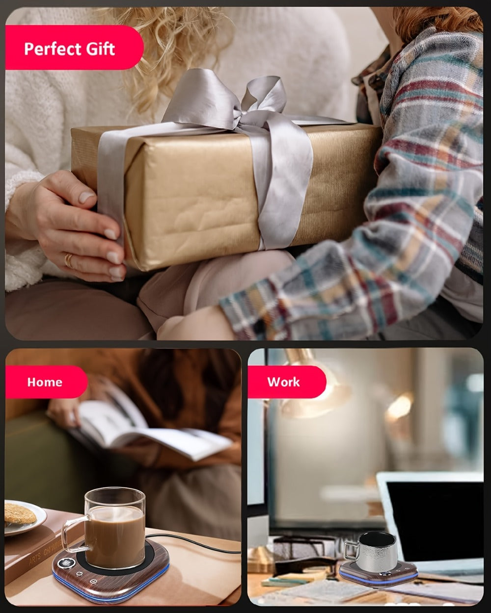Smart Electric Coffee Mug Warmer 40W – Desktop Coffee Cup Thermos with Temperature Display, 3 Heat Settings, 1–12 Hour Timer & 4-Hour Auto Shut-Off, Keeps Coffee Tea Milk Cocoa Warm – Wood Grain Father's Day Gift